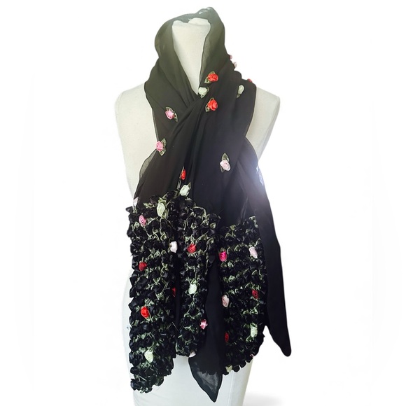 Accessories - Elegant Black and Green Floral Chiffon Scarf